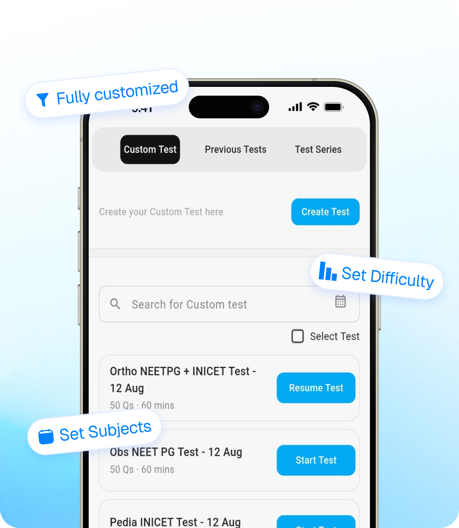 Reflex NEET PG app custom test builder with subject, difficulty and question count controls